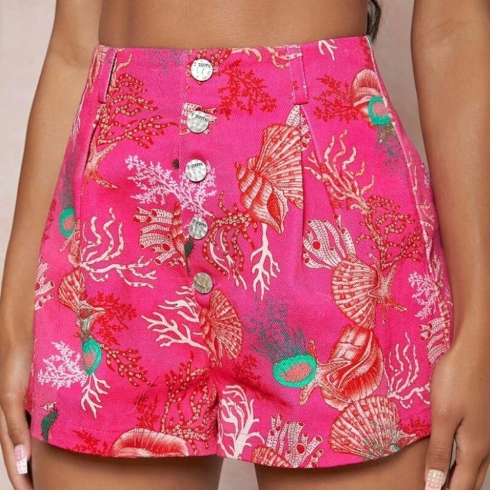 Hot Pink Shore Shell and Corals Crab High Waisted Shorts 4X
